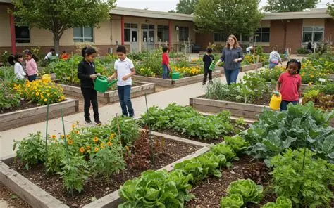 Students watering raised garden beds at a farm