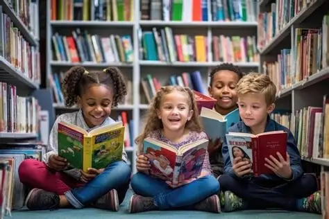 Elementary students reading books together in a library