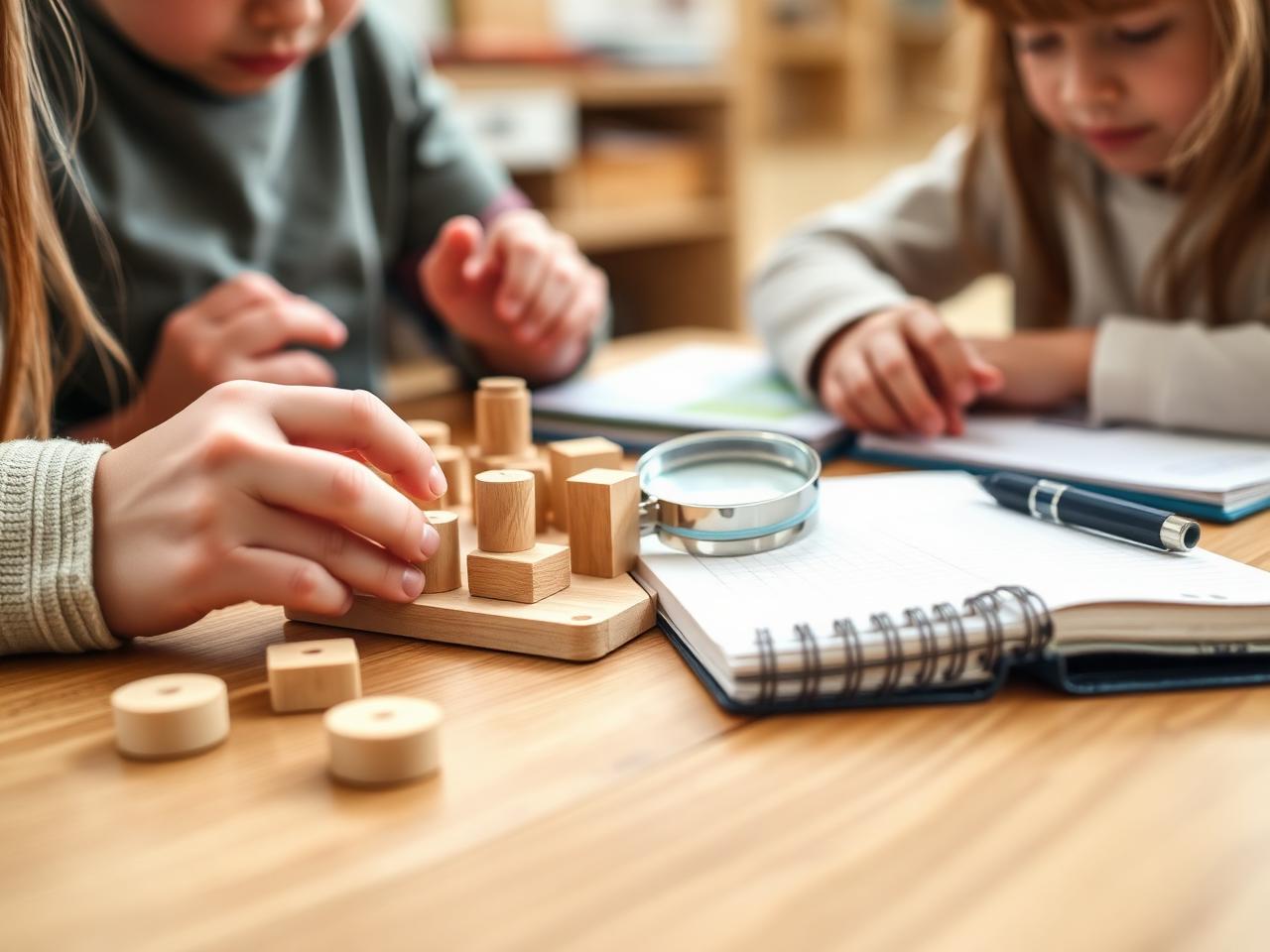Children's hands building with wooden blocks alongside a notebook and magnifying glass